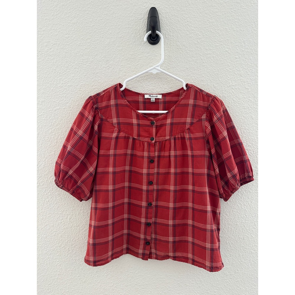 Madewell Plaid Button Front Top Red Puff Sleeve Cotton Blouse Coquette Medium